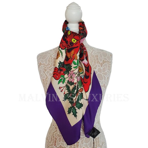 GUCCI SCARF SILK TIGER ICONIC FLORA PRINT SQUARE VIBRANT FOULARD 35" - Picture 11 of 16